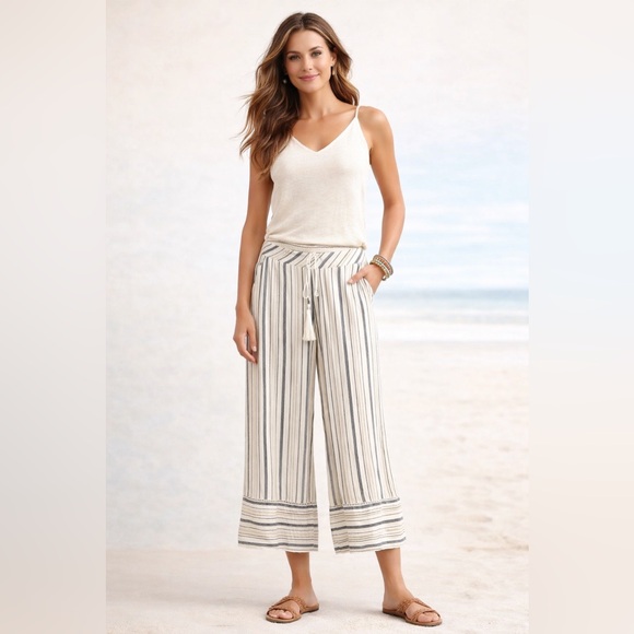 Soft Surroundings Striped Wide Leg Crop Pants Cream Tassel Tie Size S Coastal - Picture 11 of 11